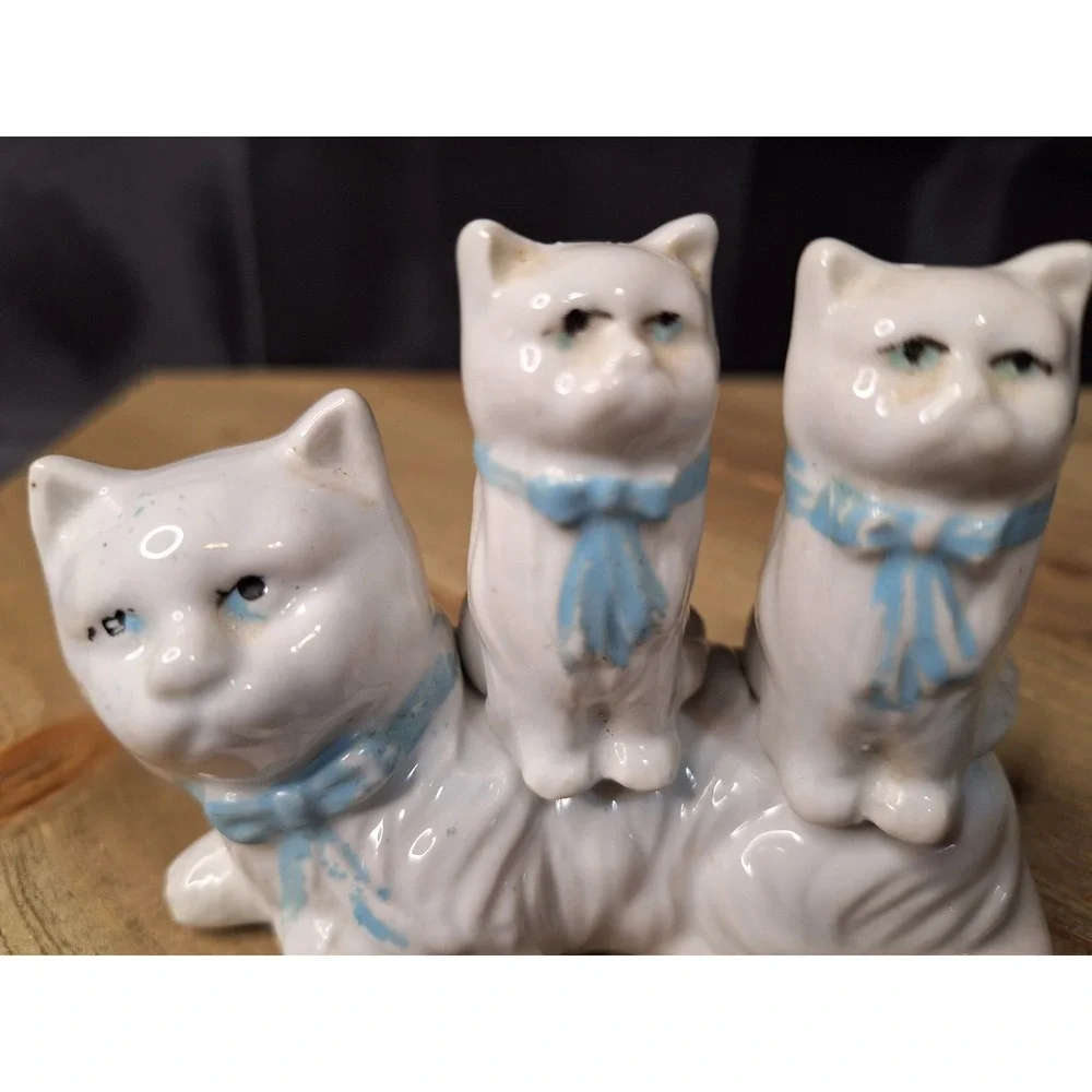 Vintage White Ceramic Cat Family Salt and Pepper Shaker Set Blue Bows 3 Piece